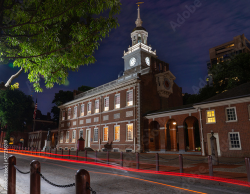 Low Angle view of Illuminated Independence Hall with Light Trails from Cars Driving by, Late Night Philly