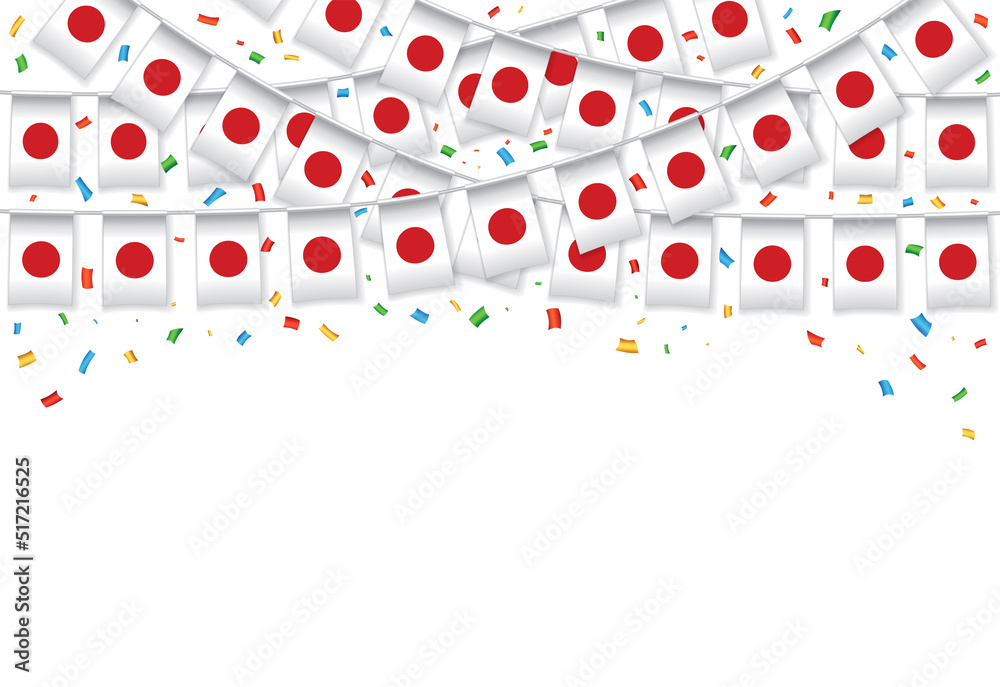 Japan flag garland white background with confetti, Hang bunting for ...