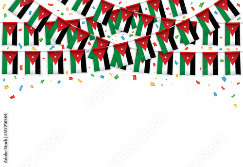 Jordan flag garland white background with confetti, Hang bunting for Jordanian independence Day celebration template banner, Vector illustration