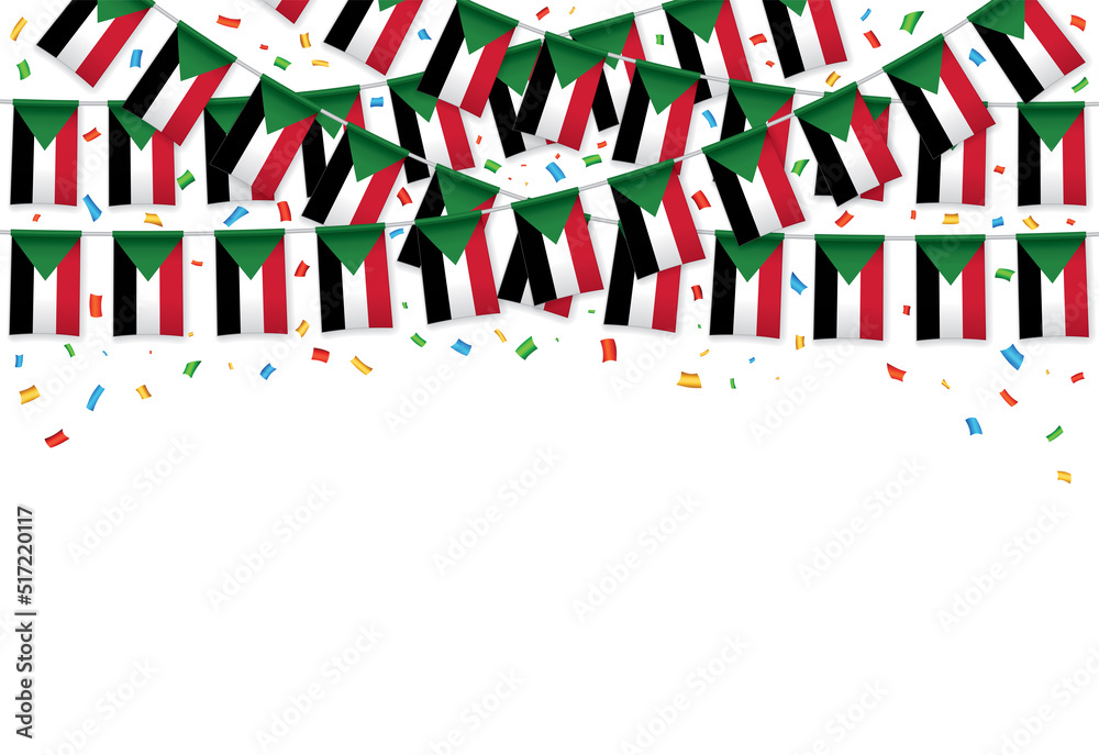 Naklejka premium Sudan flags garland white background with confetti, Hang bunting for Sudan independence Day celebration template banner, Vector illustration