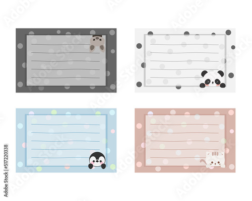 Cartoon cute little animal sticky notes. Memo, sticker, label empty for text. Little animal to do list card. Isolated on white background, vector, illustration, EPS10