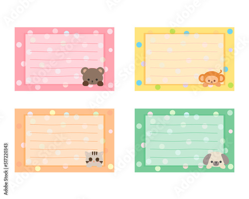 Cartoon cute little animal sticky notes. Memo, sticker, label empty for text. Little animal to do list card. Isolated on white background, vector, illustration, EPS10	