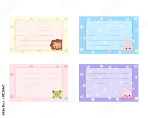 Cartoon cute little animal sticky notes. Memo, sticker, label empty for text. Little animal to do list card. Isolated on white background, vector, illustration, EPS10