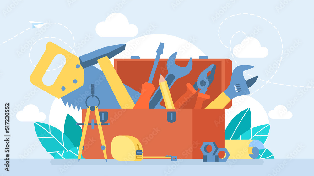 Workman's toolkit. Red toolbox with instruments inside. Tool chest with