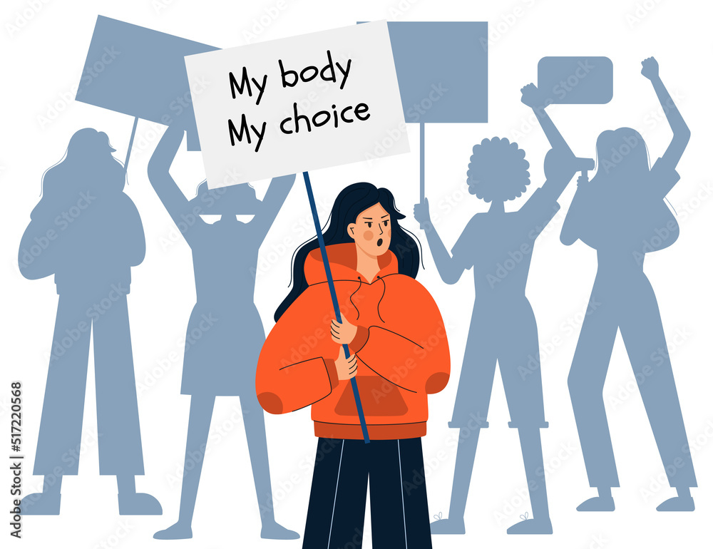 A young girl in a hoodie holds a sign with the words My body my choice. Silhouettes of protestors. Abortion rights activist. Protest against the abortion ban. Fighting for women's rights. Vector A young girl in a hoodie holds a sign with the words My body my choice. Silhouettes of protestors. Abortion rights activist. Protest against the abortion ban. Fighting for women's rights. Vector