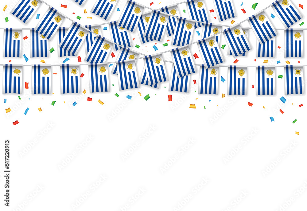 Uruguay flags garland white background with confetti, Hanging bunting for Independence Day celebration template banner, Vector illustration