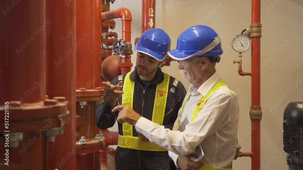 Engineer men or worker team, people working in industry factory. Chiller tower on rooftop building. Fire protection system work machine. Condenser Water Supply pipe lines.