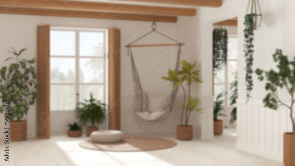 Blurred background, farmhouse living room in Boho style, potted plants and lace hanging chair. Window with shutters and parquet. Bohemian interior design, boho style