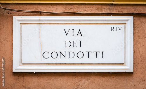 Rome, Italy. Street plate of the famous Condotti Road - Via dei Condotti - center of the Roman luxury shopping.