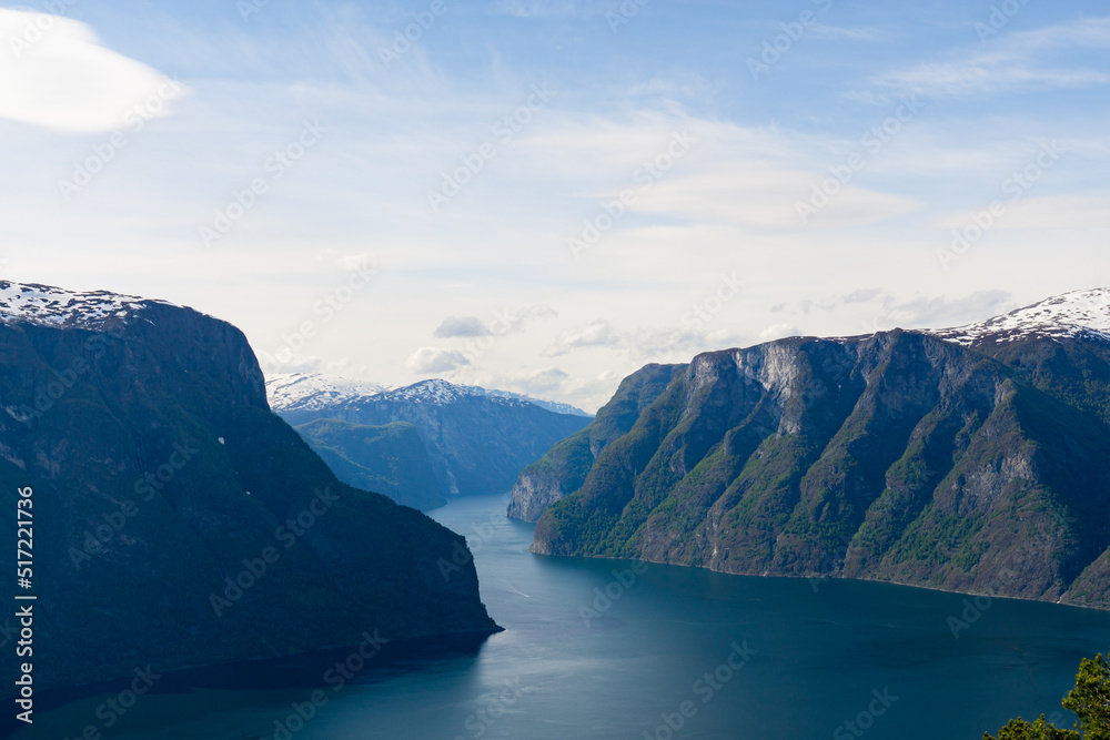 Impressive Naeroyfjord surrounded by high mountains in Norway