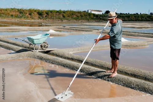 Tableau sur toile Young man harvesting salt with a rake in the marshes in Guerande, France