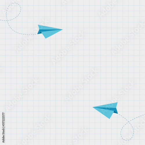 3d flying blue paper airplane and dotted flight trail on the background of a school notebook. Square banner for making your text