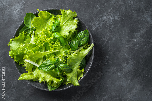 Fresh green salad in a plate of a mixture of green leaves on a dark background. The concept of raw food, organic, detox diet.