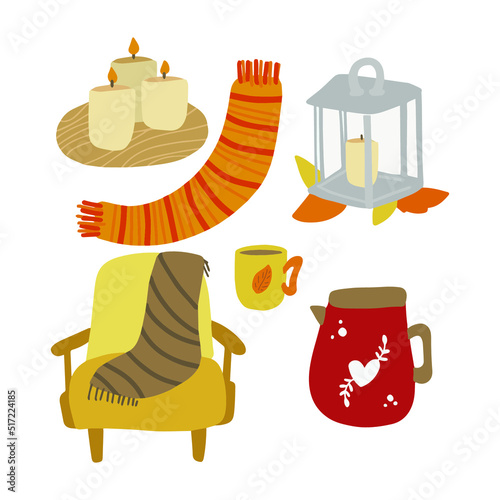 Autumn cozy home set. Armchair, cup with drink, candles on on a tray, kettle, lantern, knitted plaid. Vector illustration isolated cute cartoon hugge autumn