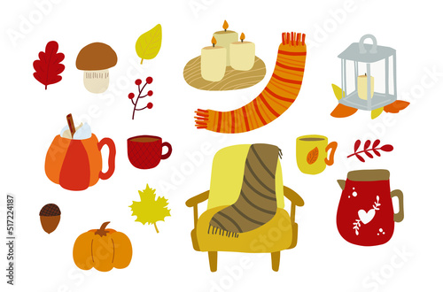 Autumn cozy home set. Indoor calm relax armchair, cup with drink, candles on on a tray, kettle, lantern, knitted plaid, mushroom, leaves, acorn. Vector illustration isolated cute cartoon hugge autumn