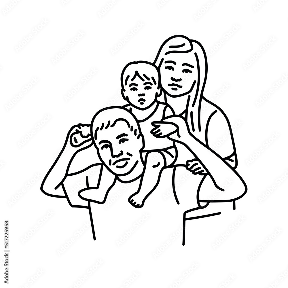 Asian couple with baby color line illustration Asian couple with baby color line illustration
