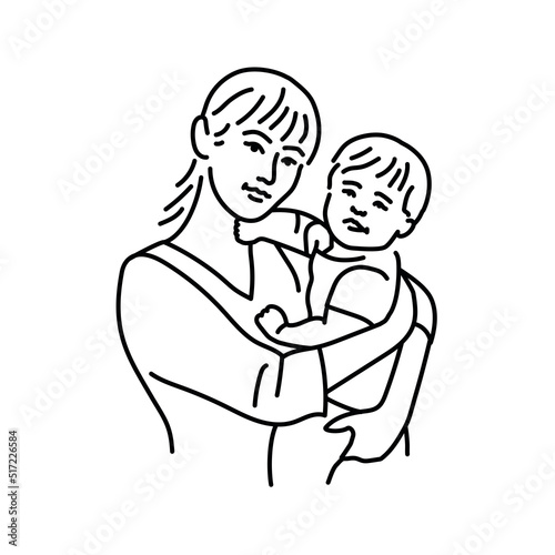 Cute asian mother with baby color line illustration