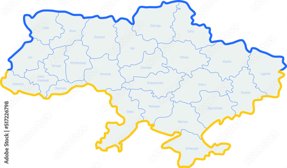 Map of Ukraine with the names of regions
