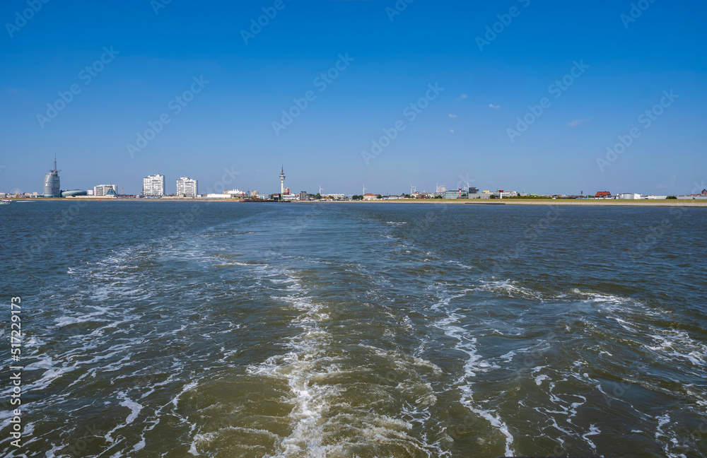 View of the skyline of Bremerhaven/Germany seen from the river Weser
