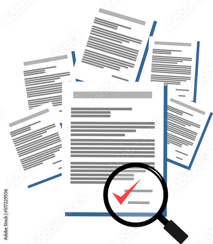 stack of document paper with magnifying glass