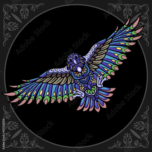 Colorful crow bird zentangle arts isolated on black background