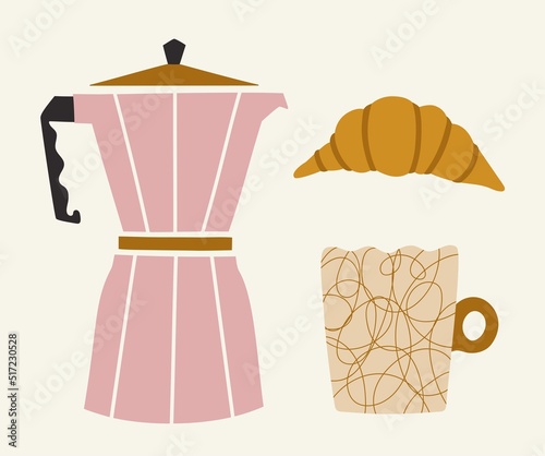 Vector illustration with geyser coffee maker, coffee cup with doodle print and croissant. Morning breakfsast print, cafe menu design elements