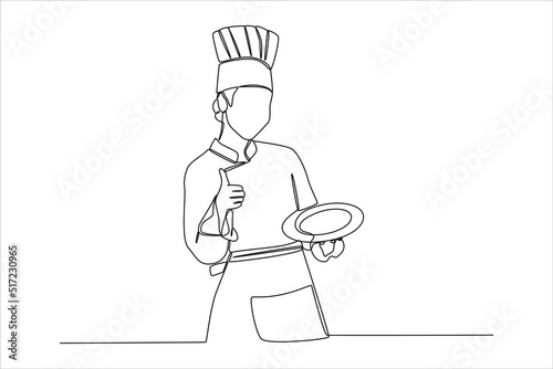 Continuous one line drawing young happy woman chef giving thumbs up gesture. Modern woman concept. Single line draw design vector graphic illustration.