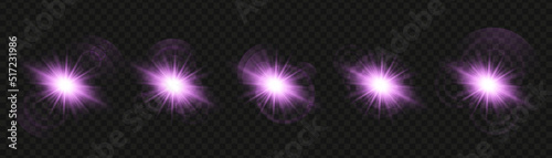 Set of glowing light stars on a transparent background. Transparent shining sun, star explodes and bright flash. Purpur bright illustration starburst. 