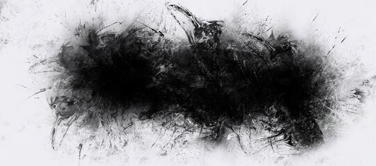 An abstract paint splatter frame in black and white. black and white designed grunge border. Vintage black and white noise texture. Abstract splattered background for vignette. 
