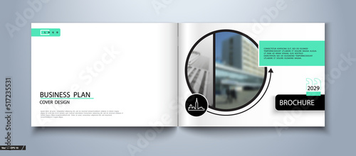Cover design. Abstract template brochure. City office photo, urban. Black frame info data banner, circles, catalog, layout. Green design Techno.Booklet, album, poster.Аnnual report, title.Ad text,font
