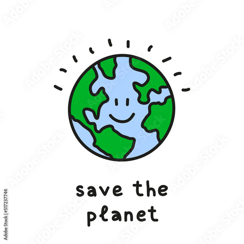 Doodle smiley Earth planet with lettering.
