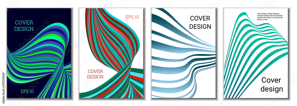 A set of 4 abstract covers. Wavy parallel gradient lines, ribbons evolve. Cover design, background. Trendy banner, poster. A set of 4 abstract covers. Wavy parallel gradient lines, ribbons evolve. Cover design, background. Trendy banner, poster.