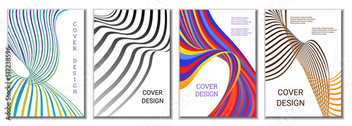 A set of 4 abstract covers. Wavy parallel gradient lines, ribbons evolve. Cover design, background. Trendy banner, poster.