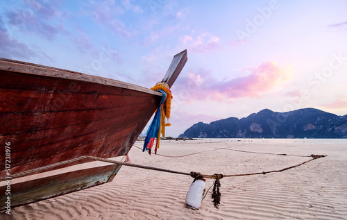 Travel by Thailand. Bow of traditional thai wooden longtail boat.