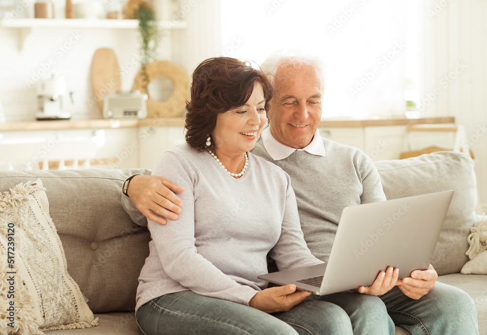 Senior couple sitting on sofa and looking at laptop in living room Senior couple sitting on sofa and looking at laptop in living room