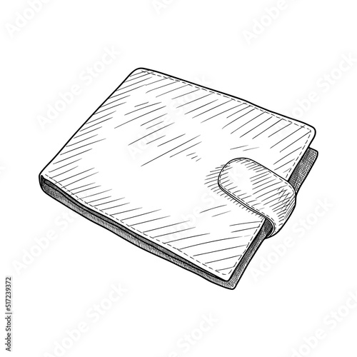 Hand drawn vector sketch of men's wallet. Wallet for money and credit cards. Men's purse for money isolated on a white background.