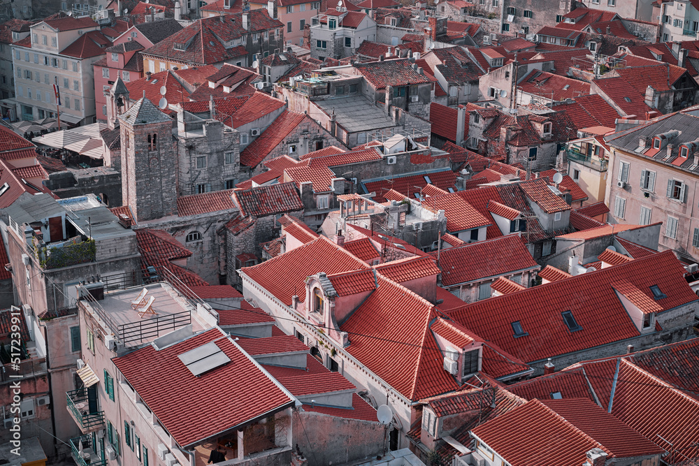 Beautiful cityscape with red tiled roofs of Split old town, Croatia.