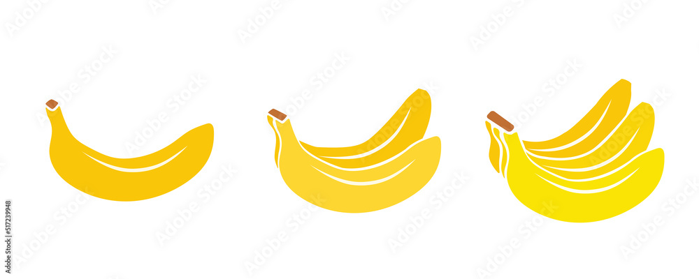 Vector Set of fruits - a banana, couple of bananas, a bunch of bananas - color icons on white background images. Vector Set of fruits - a banana, couple of bananas, a bunch of bananas - color icons on white background images.