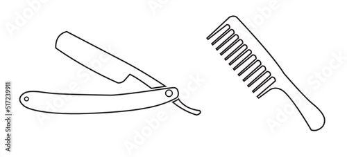 Vector set of black and white icons of a comb with a handle and a razor with a blade.