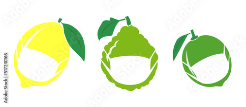 Vector set of masked fruits - lemon, bergamot and lime - colored icons on white background images.