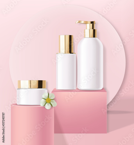 Realistic cosmetics skin care, geometric forms, cleanser, toner and hydration cream, white bottle packaging mockup 3d, floral liquid, pink design, rose background, face treatment vector illustration