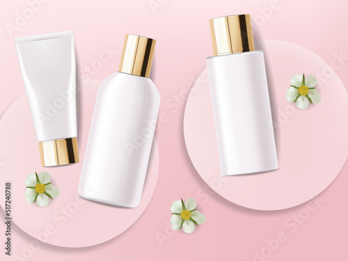 Realistic cosmetics skin care, geometric forms, cleanser, toner and hydration cream, white bottle packaging mockup 3d, floral liquid, pink design, rose background, face treatment vector illustration