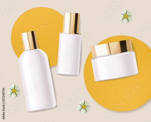 Realistic cosmetics skin care, geometric forms, cleanser, toner and hydration cream, white bottle packaging mockup 3d, floral liquid, yellow design, yellow background, face treatment vector