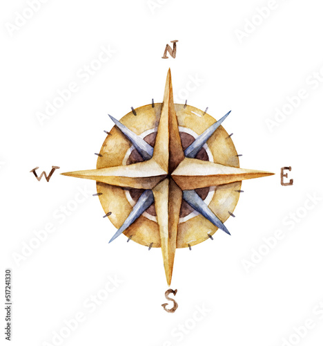 Compass watercolor. Peace, symbolism. Navigation, cardinal directions. Reference point
