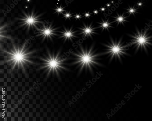 A parade of stars, bright glowing stars, lights and reflective effects on a transparent background. Vector illustration
