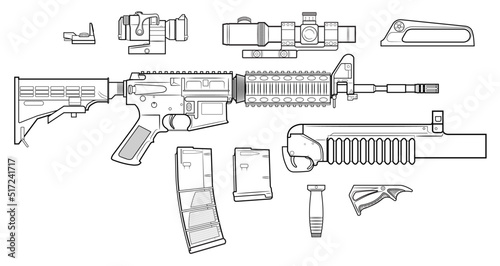 Vector drawing of an popular M4 assault rifle with adjustable stock and equipment such as a magazines, optical sights, collimator, granade launcher and handgrips on a white background