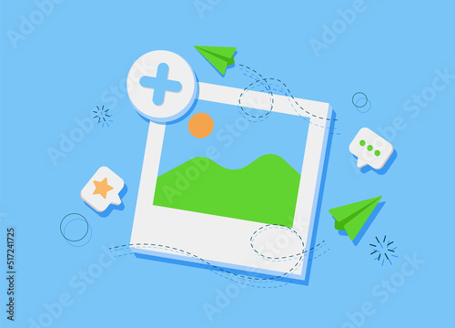 Image, photo, jpg file. Mountains and sun landscape. Picture in a frame with add button. Cartoonn vector icon. photo