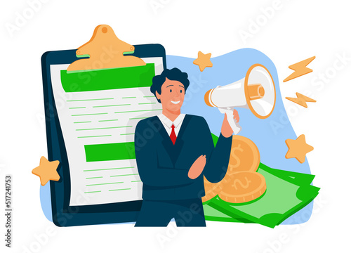 Cartoon man holding a megaphone. Blogger character announcing over the loudspeaker by raising his knuckle through phone.