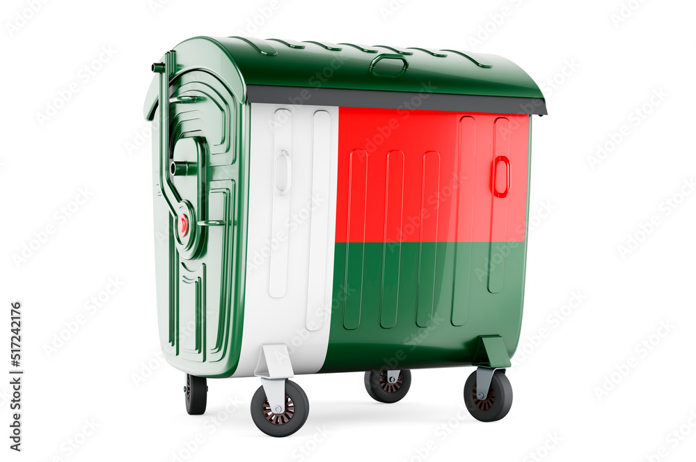 Garbage container with Madagascar flag, 3D rendering - obrazy, fototapety, plakaty 