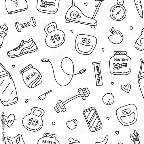 Seamless pattern with doodle gym and fitness icons.